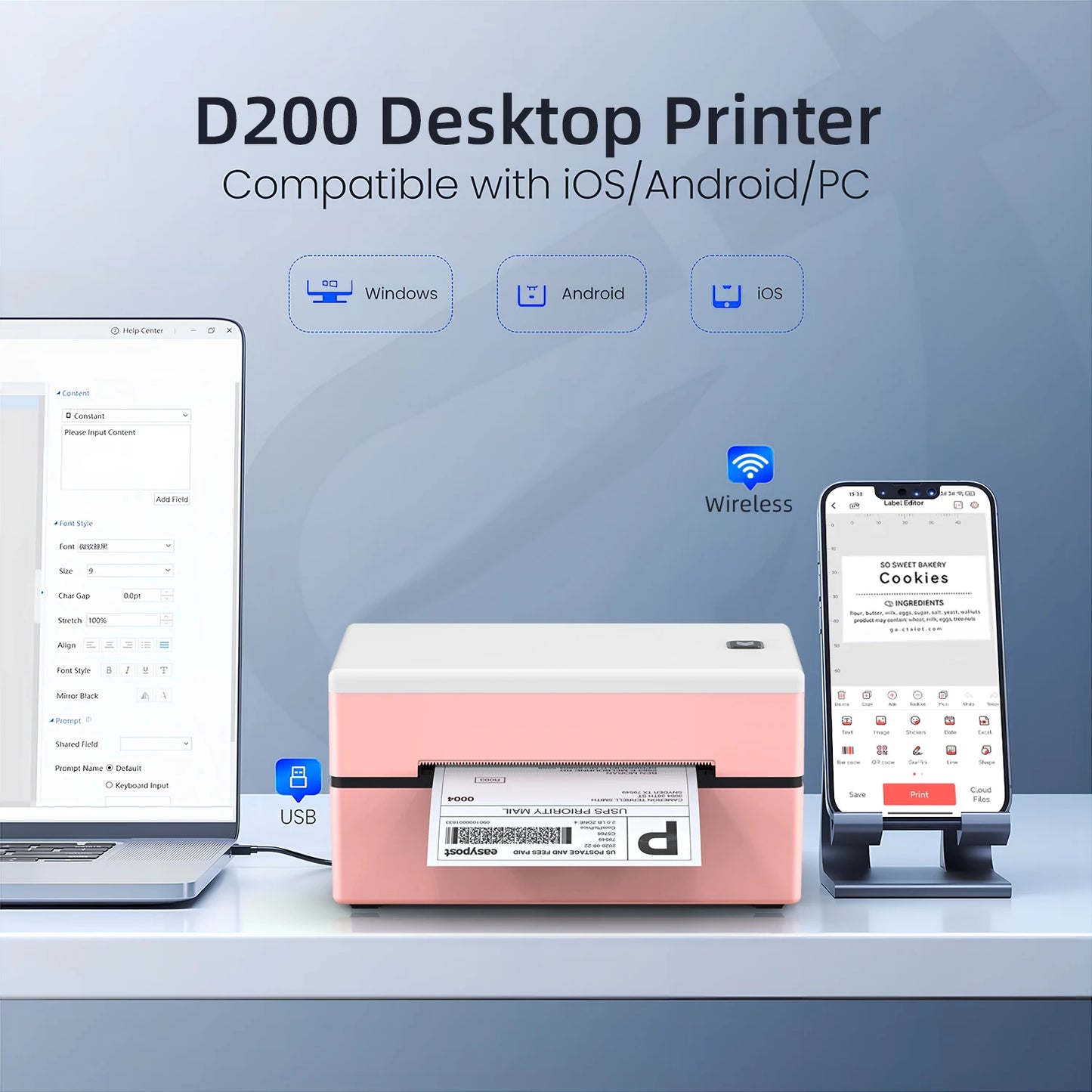 Marklife Thermal Label Printer D200 Mini Bluetooth Wireless 4X6inch Small Shipping Label Printer